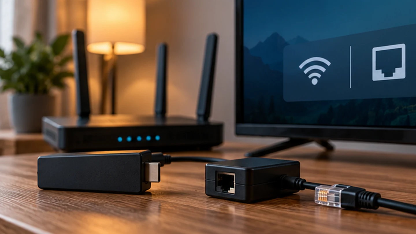 Fire TV Stick med router och Ethernet-adapter för stabilare streaming