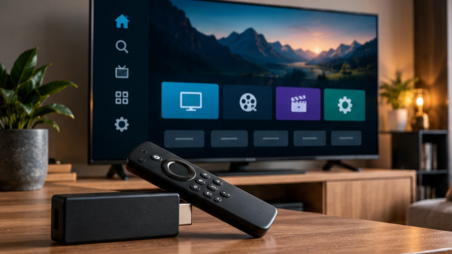 IPTV Fire Stick – Fire TV-enhet, fjärrkontroll och TV i vardagsrum