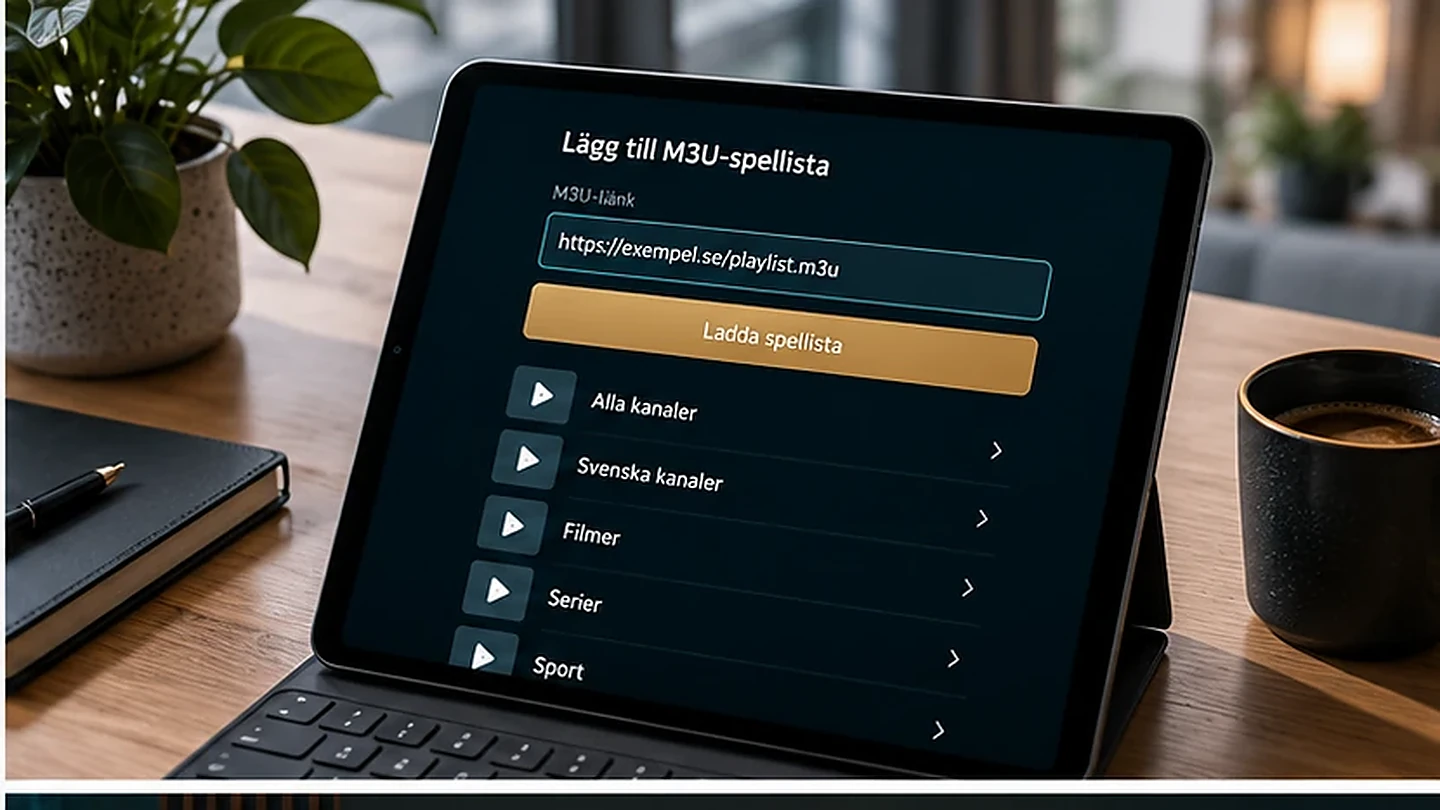 M3U-spellista i IPTV-spelare på surfplatta med fält för spelliste-URL