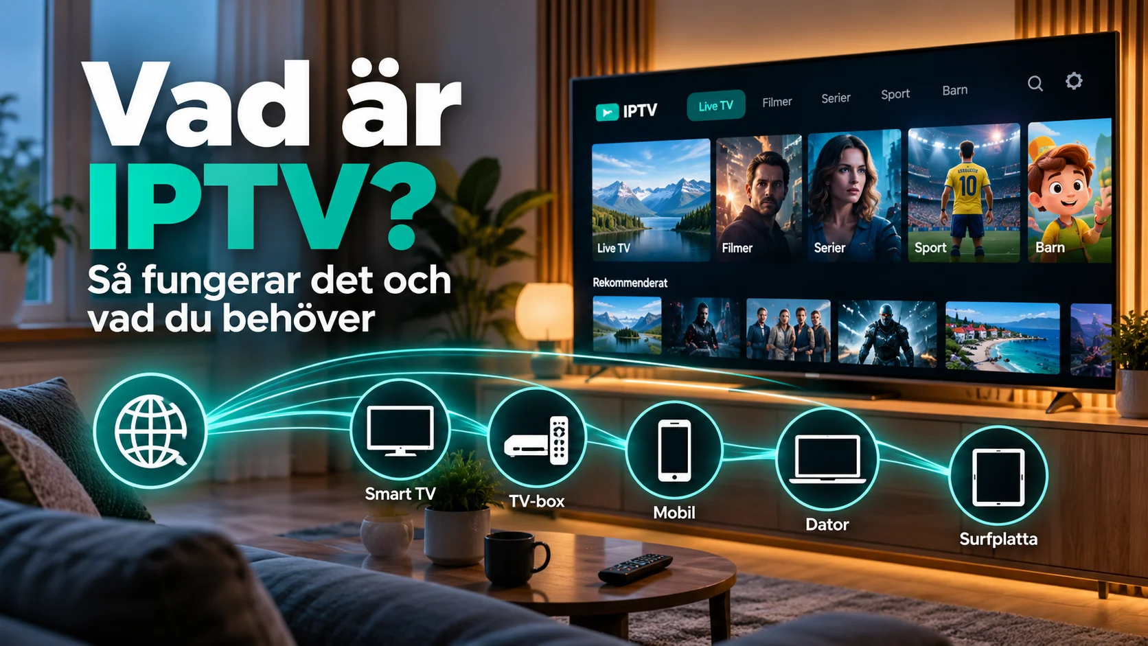 Vad är IPTV? Illustration som visar hur IPTV fungerar via internet på Smart TV, mobil, dator och surfplatta.