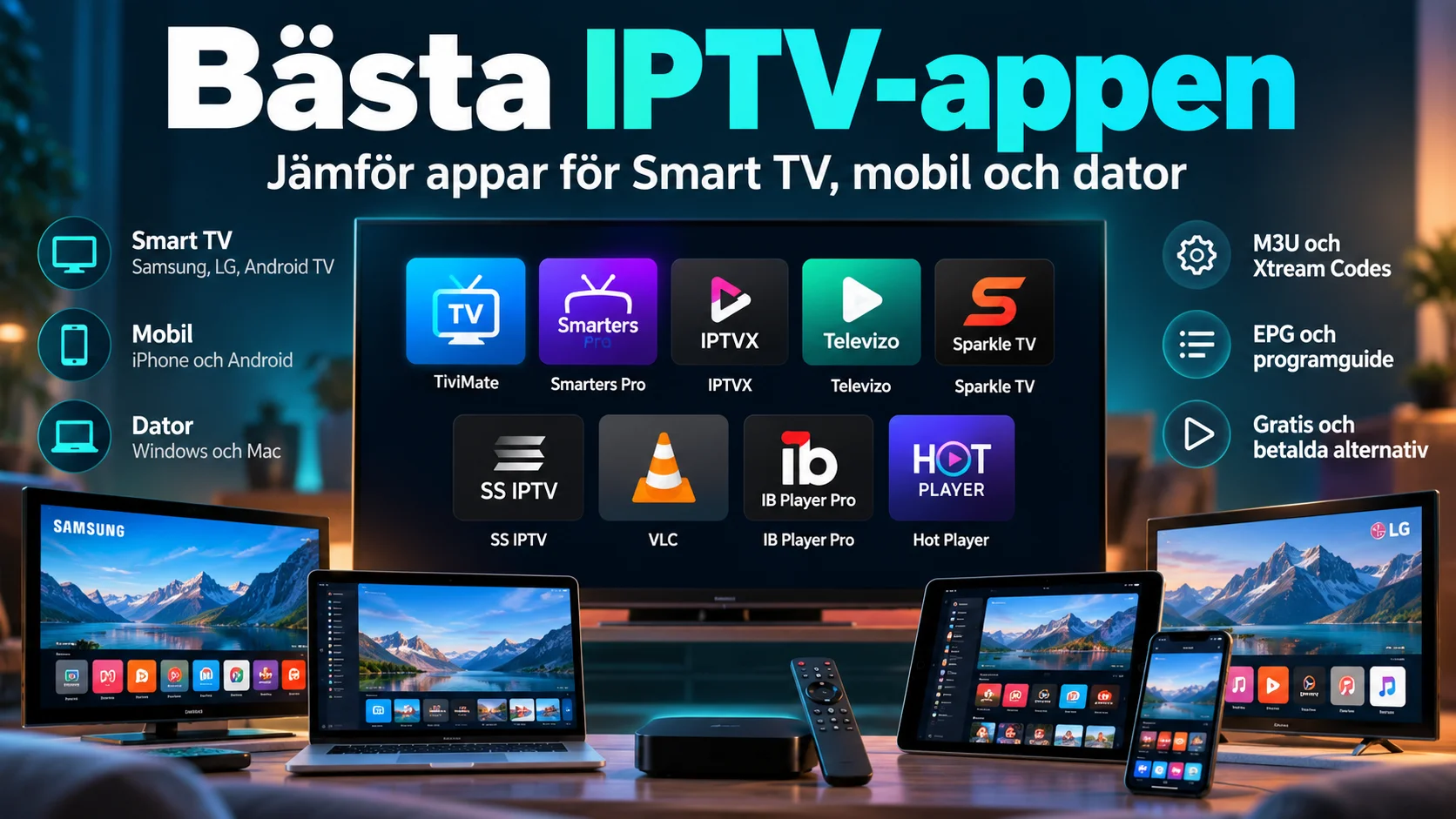 Bästa IPTV-appen 2026 – jämförelse av IPTV-spelare för Smart TV, mobil, surfplatta och dator, inklusive TiviMate, Hot Player och IB Player Pro.